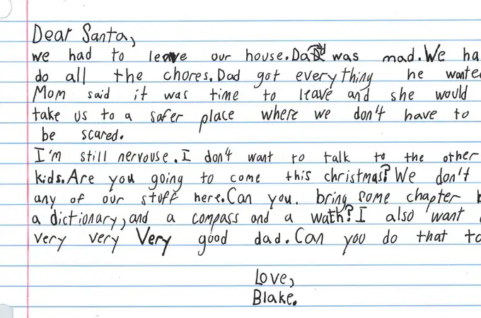 Un niño de 7 años de un refugio de violencia doméstica le pide a Papá Noel “un muy buen padre”