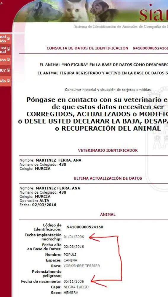 Registro de un perro dado de alta diez meses antes de nacer por la veterinaria investigada