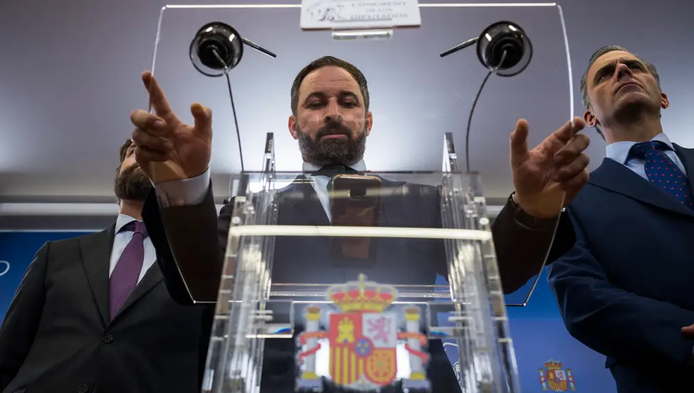 Santiago Abascal VOX, junto a Ivan Espinosa de los Monteros y Javier Ortega Smith, en el Congreso de los Diputados© Alberto R. Roldan / Diario La Razon13 11 2019