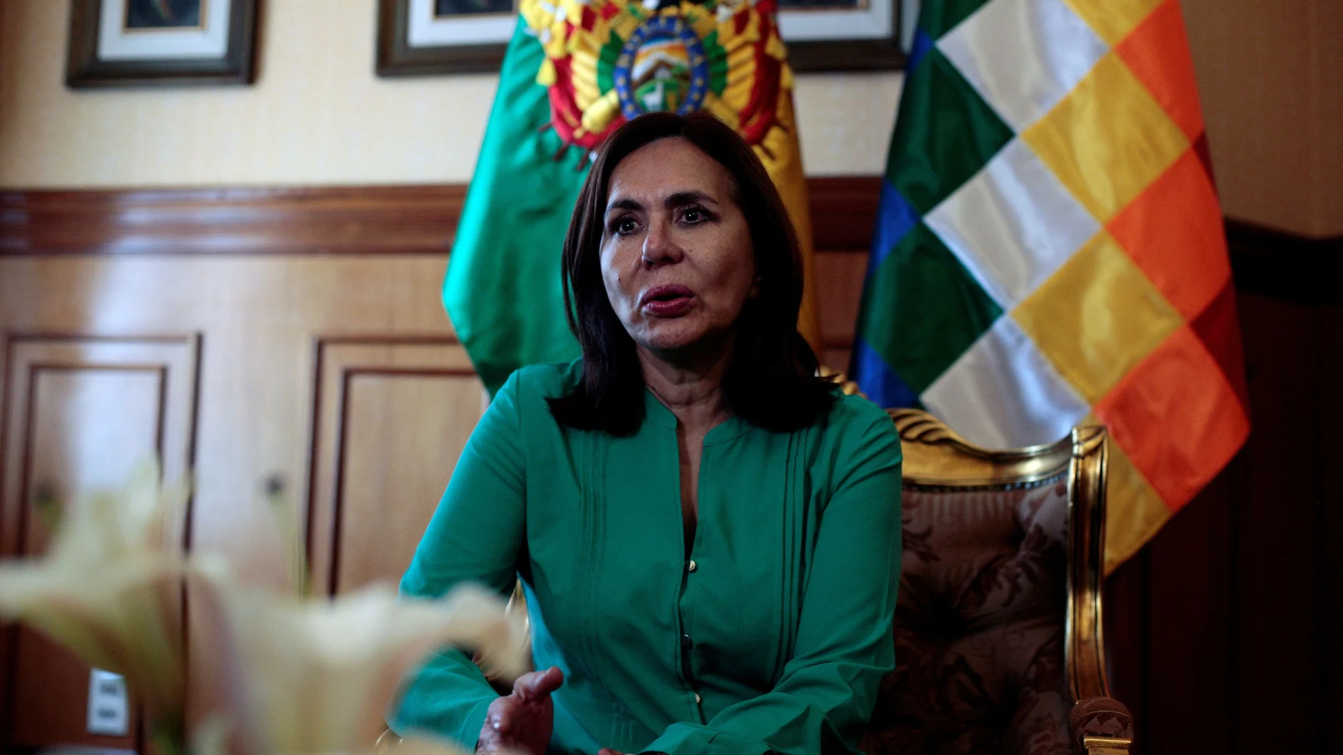 FILE PHOTO: Bolivia's Foreign Minister Karen Longaric speaks during a Reuters interview in La Paz