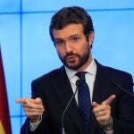 El líder del PP, Pablo Casado, el lunes en la sede de la calle Génova.
