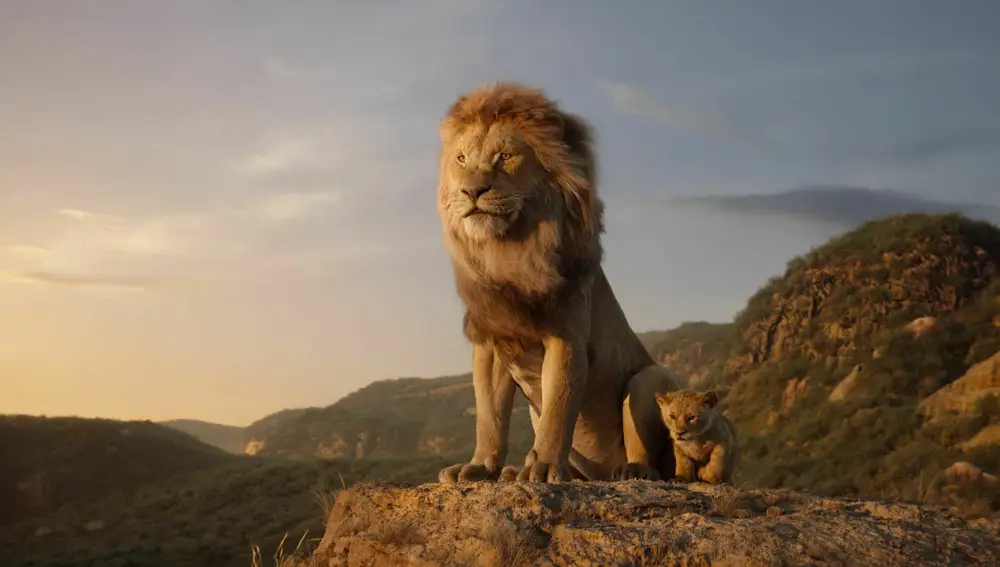 This image released by Disney shows characters, from left, Mufasa, voiced by James Earl Jones, and young Simba, voiced by JD McCrary, in a scene from &quot;The Lion King.&quot; (Disney via AP)