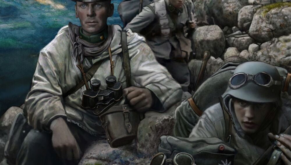 Ilustración de Erwin Rommel y tropas del Batallón de Wurtemberg en Caporetto. ©Pablo Outeiral/Desperta Ferro Ediciones
