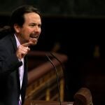 El líder de Unidas Podemos, Pablo Iglesias, durante su intervención ante el pleno del Congreso de los Diputados en la primera jornada de la sesión de investidura de Pedro Sánchez como presidente del Gobierno. EFE/Emilio Naranjo