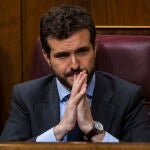 Pablo Casado muestra su preocupación ayer en el Congreso ante los insultos de Bildu al Jefe del Estado / Alberto R. Roldán