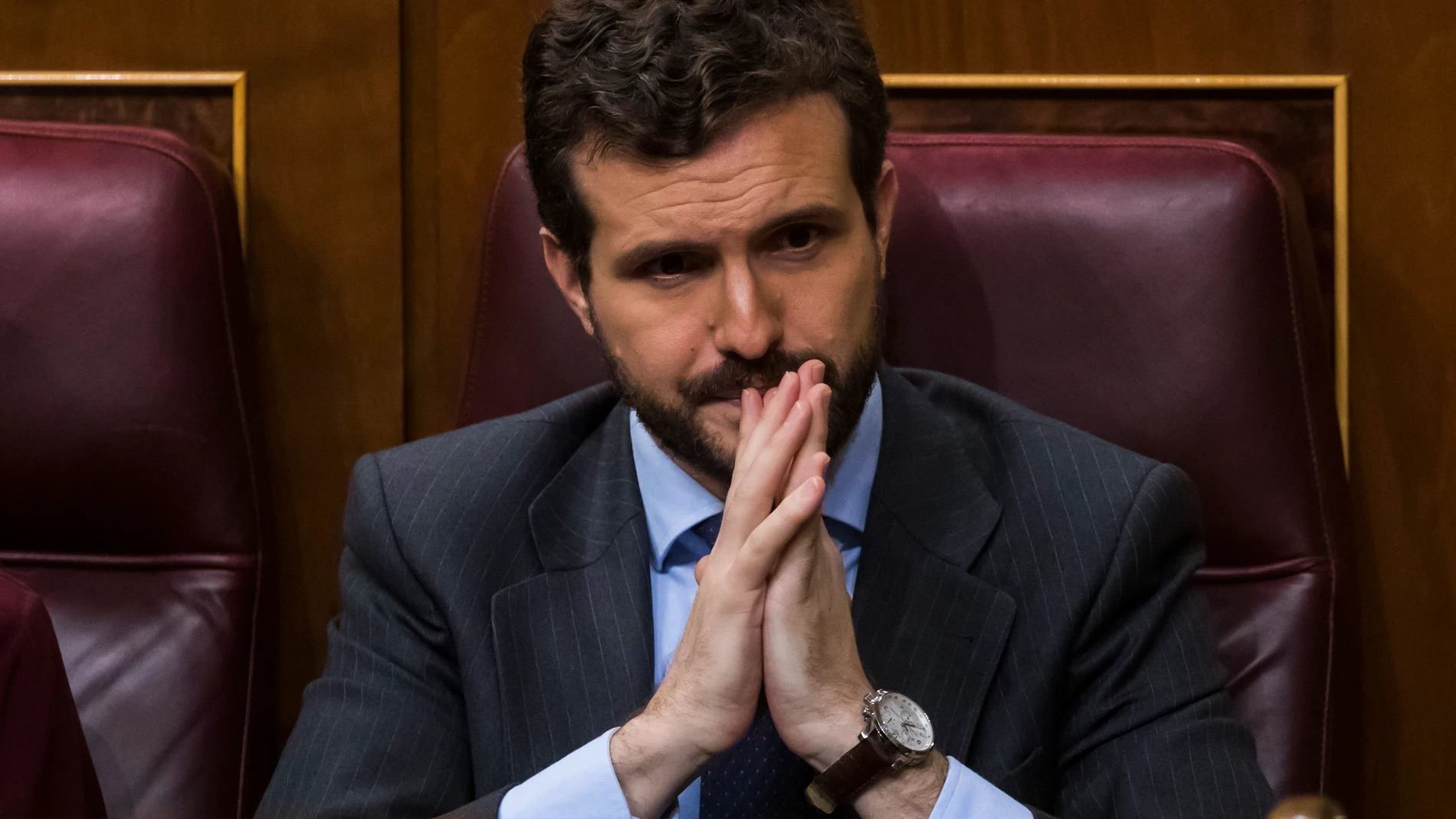 Pablo Casado muestra su preocupación ayer en el Congreso ante los insultos de Bildu al Jefe del Estado / Alberto R. Roldán