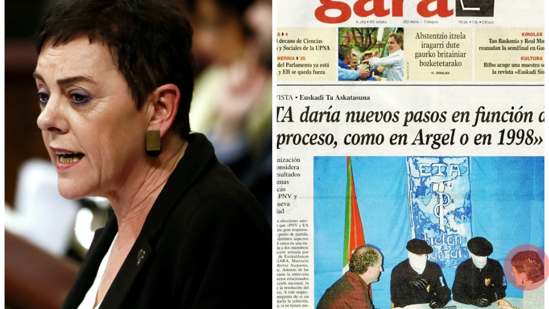 La portavoz de EH Bildu junto a la portada del " Gara" de 2001 en la que entrevista a los encapuchados