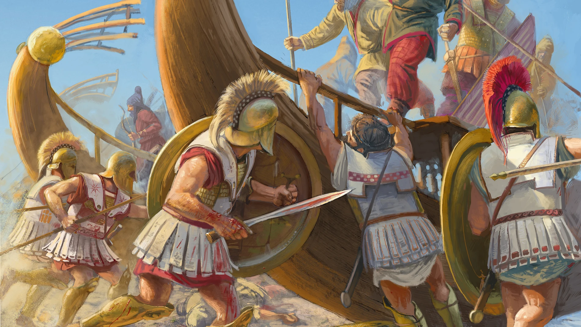 Captura de naves persas por hoplitas atenientes al final de la batalla de Maratón / ©Radu Oltean/Desperta Ferro Ediciones
