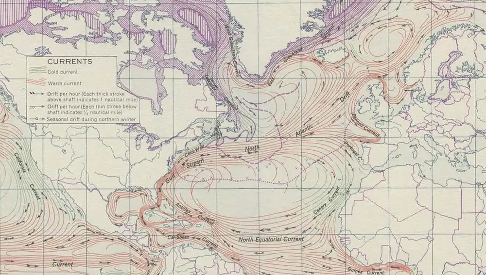 Mapa de 1943 mostrando las corrientes del Atlántico Norte. Material de las fuerzas de servicio de la Armada estadounidense.