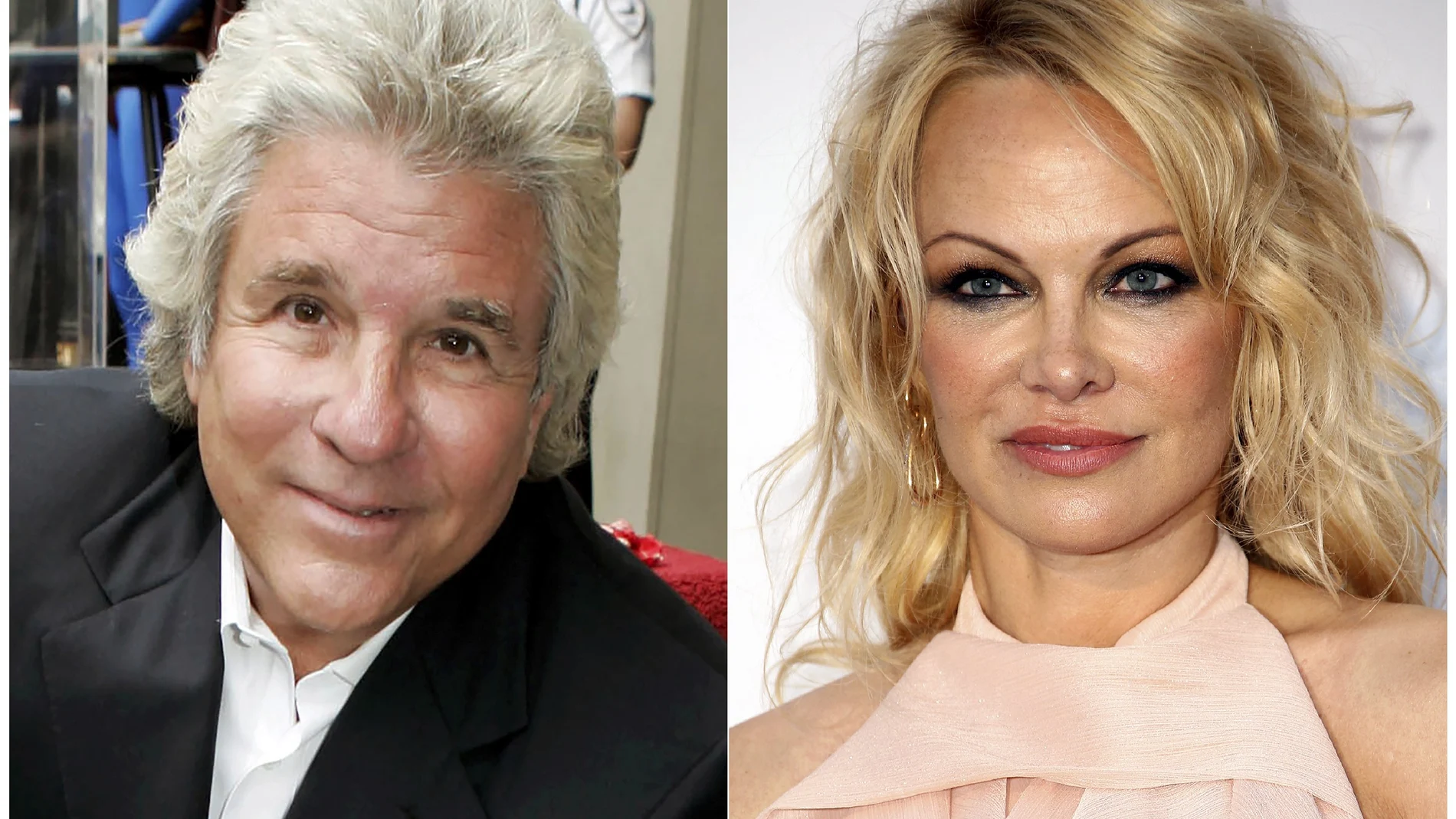 This combination photo shows Hollywood producer Jon Peters at a ceremony honoring him with a star on the Hollywood Walk of Fame in Los Angeles on May 1, 2007, left, and model-actress Pamela Anderson at the amfAR, Cinema Against AIDS, benefit in Cap d'Antibes, southern France, on May 23, 2019. A representative for Anderson said the couple married in a private ceremony in Malibu, California on Monday, Jan.20, 2020. It's the fifth marriage for both the 52-year-old model-actress and the 74-year-old film producer, who first dated more than 30 years ago and recently reunited. (AP Photo)