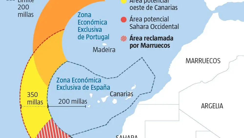 Situación en la que quedarían las aguas compartidas por Marruecos y España con leyes que el Parlamento de Rabat aprobó ayer. El conflicto parte del hecho de que la ampliación de la soberanía marítima marroquí afecta a las aguas canarias.