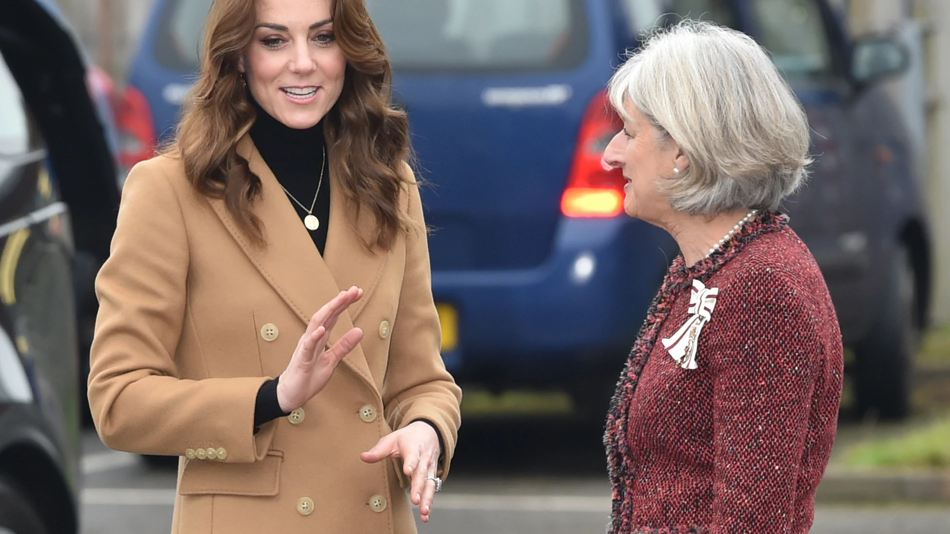 The Duchess of Cambridge arrives for a visit to Ely & Caerau Children's Centre in Cardiff. *** Local Caption *** .