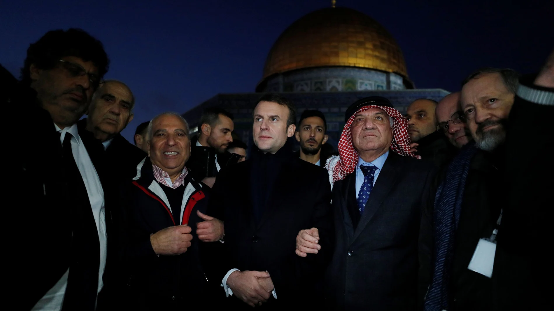 The Dome of the Rock is seen in the background as French President Emmanuel Macron visits the compound housing al-Aqsa mosque known to Muslims as Noble Sanctuary and to Jews as Temple Mount, in Jerusalem's Old City