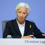 La presidenta del BCE, Christine Lagarde, en rueda de prensa en Fráncfort