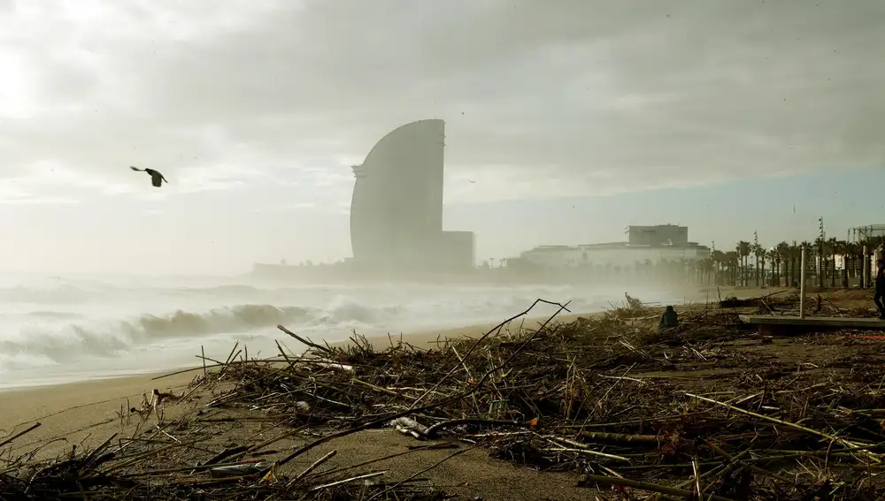 Vista de la playa de la Barceloneta, gravemente afectada por la borrasca Gloria, que se ha cebado especialmente con el frente marítimo de Barcelona, este jueves.