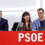 La presidenta del PSOE, Cristina Narbona; el secretario general del partido, Pedro Sánchez, y el secretario de Organización, José Luis Ábalos (i), durante la reunión de la Ejecutiva Federal del PSOE, ayer en Ferraz