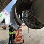 Mecánicos trabajan en la turbina de un avión
