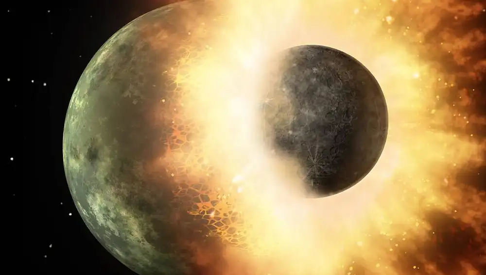 Impresión artística del impacto entre un objeto del tamaño de Mercurio y otro similar a la Luna.
