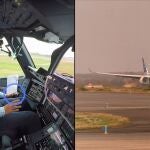 A la izquierda, una cabina de avión con dos pilotos al mando, a la derecha un avión en la pista de despegue