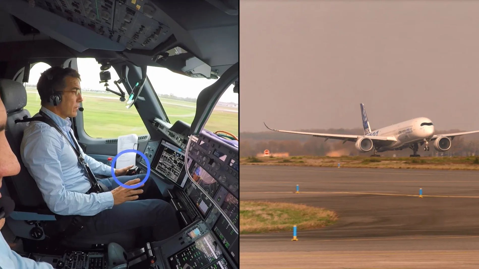 A la izquierda, una cabina de avión con dos pilotos al mando, a la derecha un avión en la pista de despegue