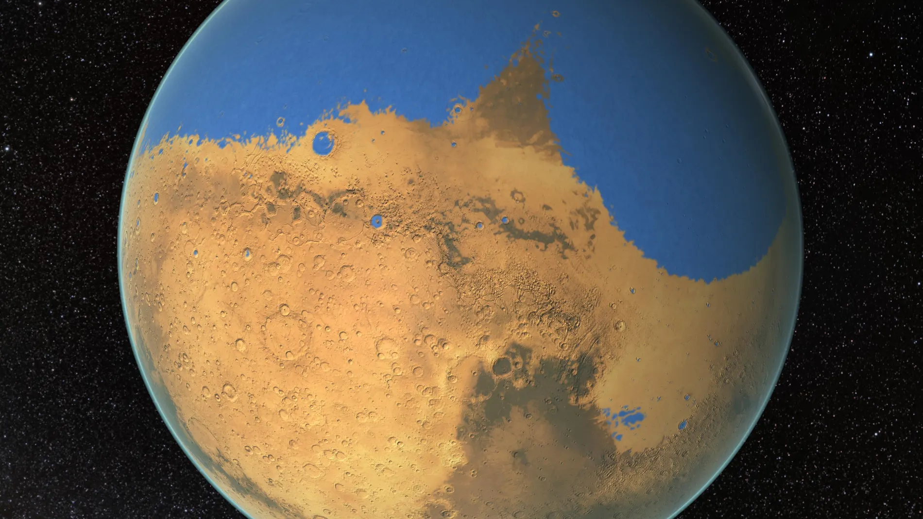 Impresión artística del aspecto que pudo tener Marte en el pasado remoto.