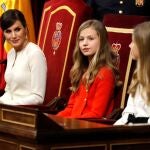 GRAF3762 . MADRID, 03/02/2020.- La reina Letizia, la princesa Leonor y la infanta Sofía, en el Congreso de los Diputados donde hoy el rey presidió la apertura solemne de la XIV Legislatura, en un pleno en el que se podrá ver por primera vez en el banco azul del Congreso al nuevo Gobierno de coalición del PSOE y Unidas Podemos. EFE/Ballesteros
