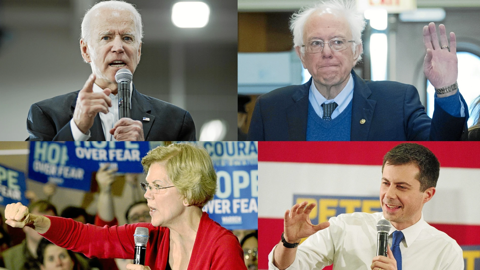 El ex vicepresidente de EE UU, Joe Biden (arriba izq.), el veterano senador Bernie Sanders (arriba der.), la senadora y precandidata demócrata Elizabeth Worren (abajo izq.) y el ex alcalde Peter Buttigieg (abajo der.)