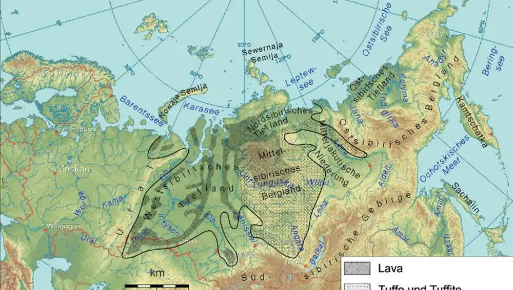 Mapa físico representando la extensión de los trap siberianos.