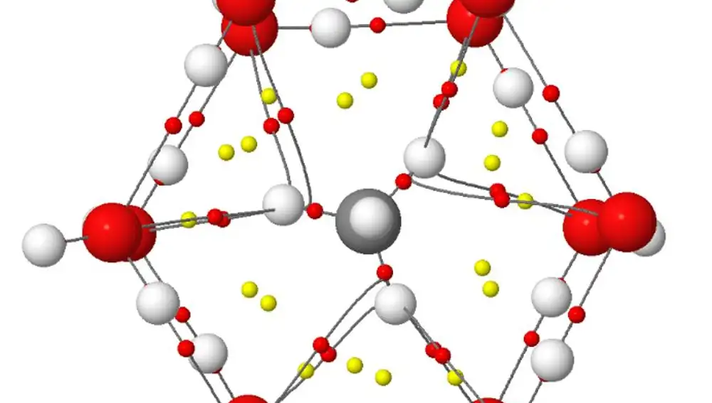 La estructura molecular de un clatrato de metano. Las bolas rojas son oxígeno las cuales están unidas a dos bolas blancas (hidrógeno) y todas ellas se unen a la molécula de metano que hay en el centro, compuesta por cuatro átomos de hidrógeno y uno de carbono (el gris).