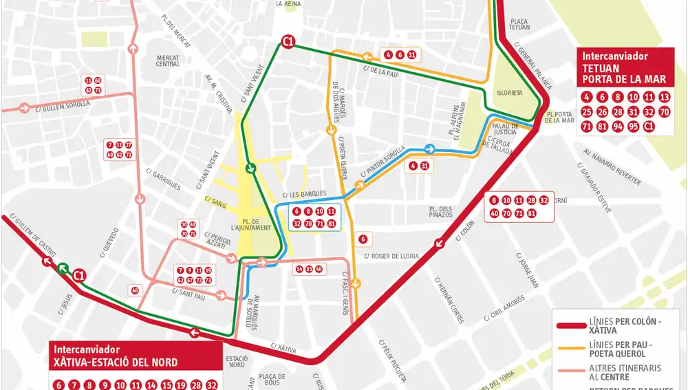 Nueva distribución de las líneas de la EMT tras la peatonalización de la Plaza del Ayuntamiento