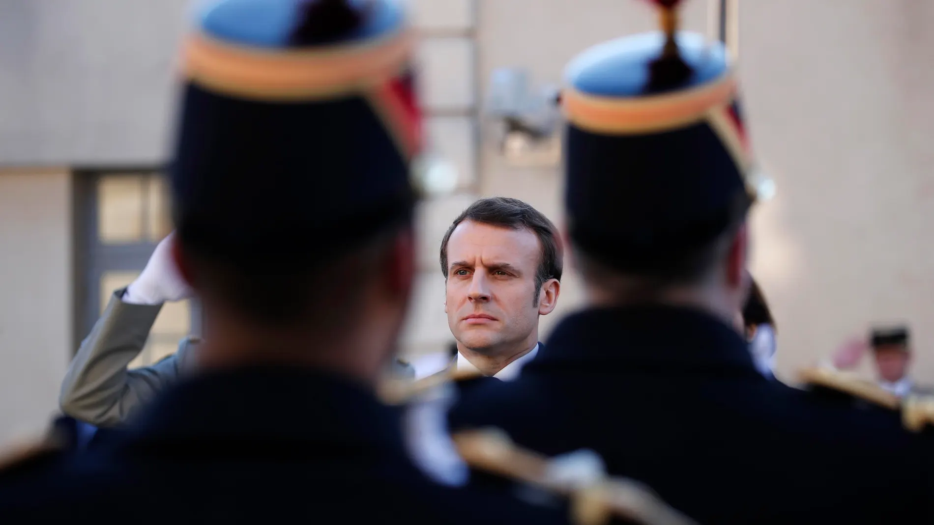 French President Macron at military school in Paris