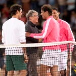 Bill Gates, Rafael Nadal, Roger Federer y Trevor Noah, durante la exhibición que jugaron en Suráfrica
