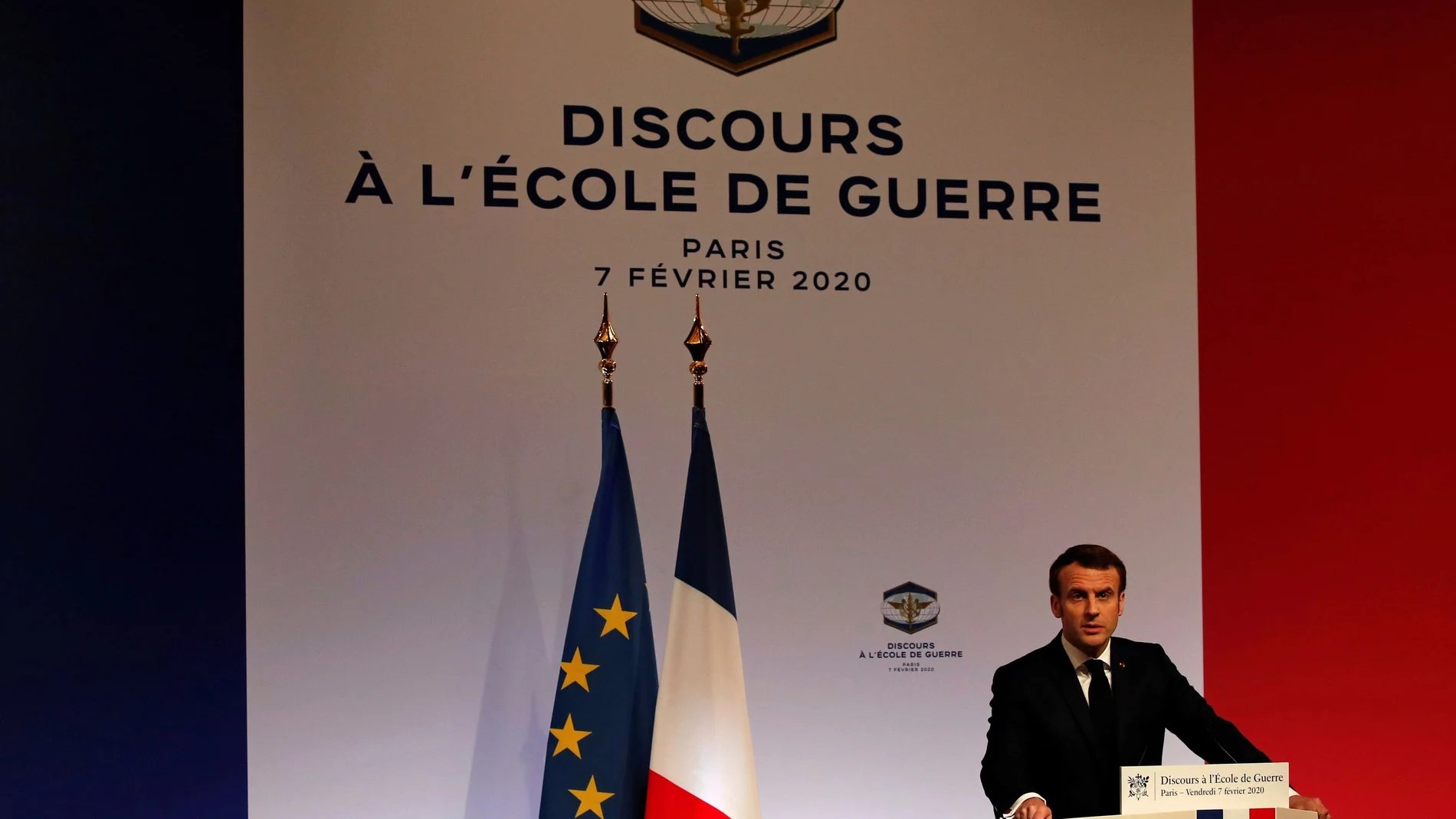 French President Emmanuel Macron delivers a speech about a EU defence strategy, at the Ecole Militaire, in Paris