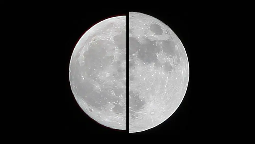 Comparación de una superluna del 19 de marzo de 2011 (derecha) y una Luna de tamaño medio tomada el 20 de diciembre de 2010 (izquierda).