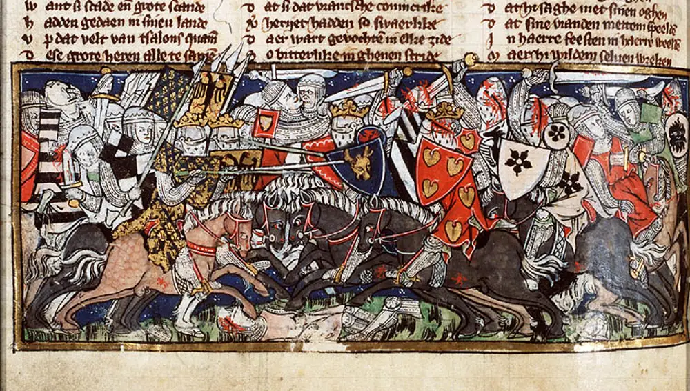 Representación de la batalla de los Campos Cataláunicos en un libro medieval