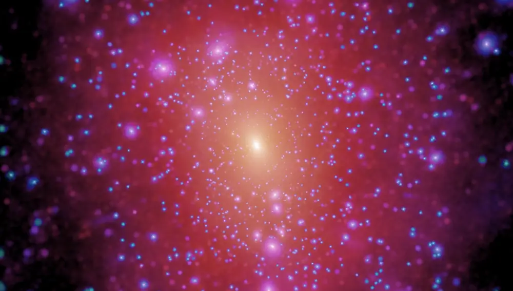 Esta imagen presenta el resultado de una simulación por ordenador de cómo se formaron las galaxias en el universo primitivo. En ella podemos ver una nube central muy masiva rodeada de una plétora de otras nubes menores de todos los tamaños.