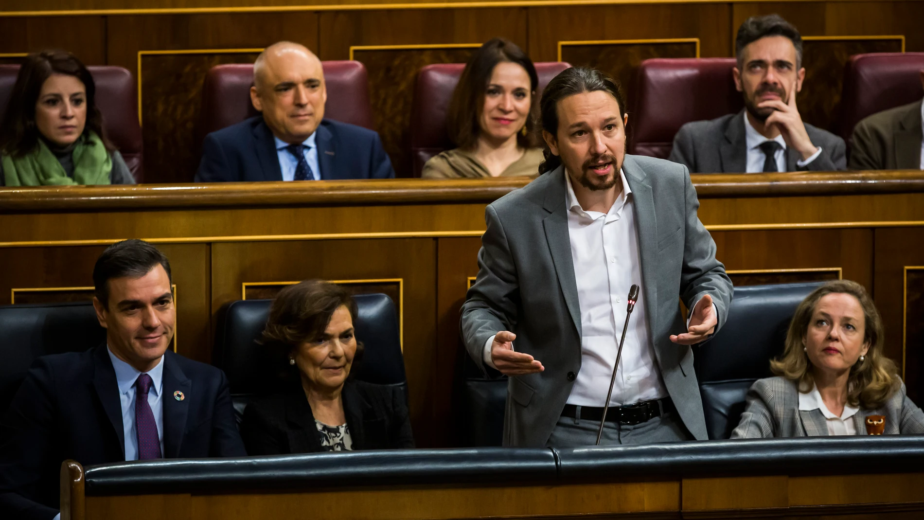 Primera Sesion de Control al Nuevo Gobierno en el Congreso de los Diputados. Pedro Sanchez, Carmen Calvo y Pablo Iglesias durante el Pleno de hoy.