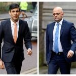 A la izquierda el nuevo "Chancellor" Rishi Sunak y a la derecha Sajid Javid en Downing Street Londres. REUTERS/Peter Nicholls and Toby Melville