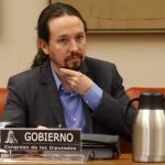 El vicepresidente segundo del Gobierno, Pablo Iglesias, durante su comparecencia a petición propia ante la Comisión de Derechos Sociales y Políticas Integrales de la Discapacidad del Congreso