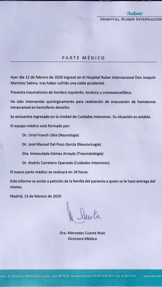 Parte médico de Joaquín Sabina tras ser operado de urgencia de un hematoma intracraneal tras su caída en el Wizink Center, en Madrid, a 13 de febrero de 2020.13 FEBRERO 2020Antonio Gutiérrez / Europa Press13/02/2020