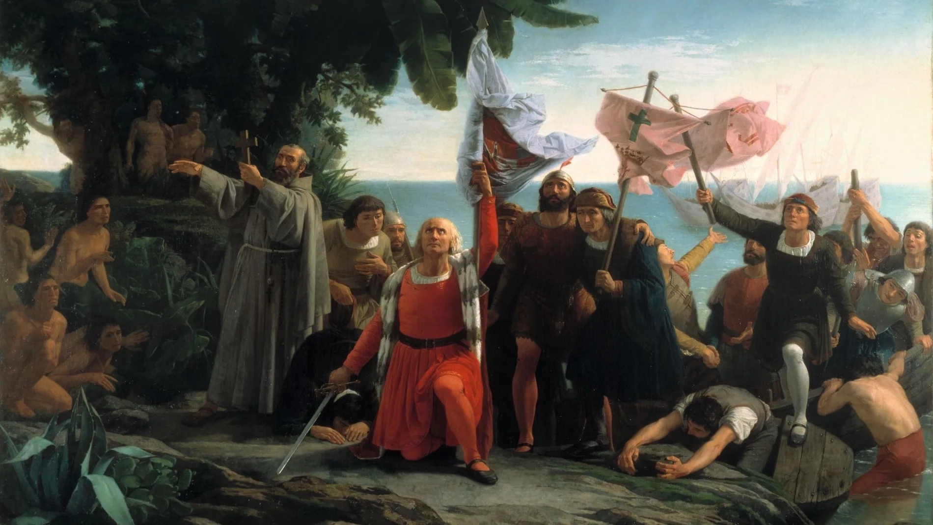 La llegada de Cristóbal Colón a América, en una pintura de Dióscoro Puebla