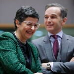 Brussels (Belgium), 17/02/2020.- Spanish Minister of Foreign Affairs, European Union and Cooperation Arancha Gonzalez Laya (L) and German foreign minister Heiko Maas (R) during a European foreign affairs council in Brussels, Belgium, 17 February 2020. (Bélgica, Bruselas) EFE/EPA/OLIVIER HOSLET
