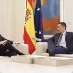 El presidente del gobierno Pedro Sanchez recibe en el Palacio de la Moncloa al lider de la oposicion Pablo Casado.