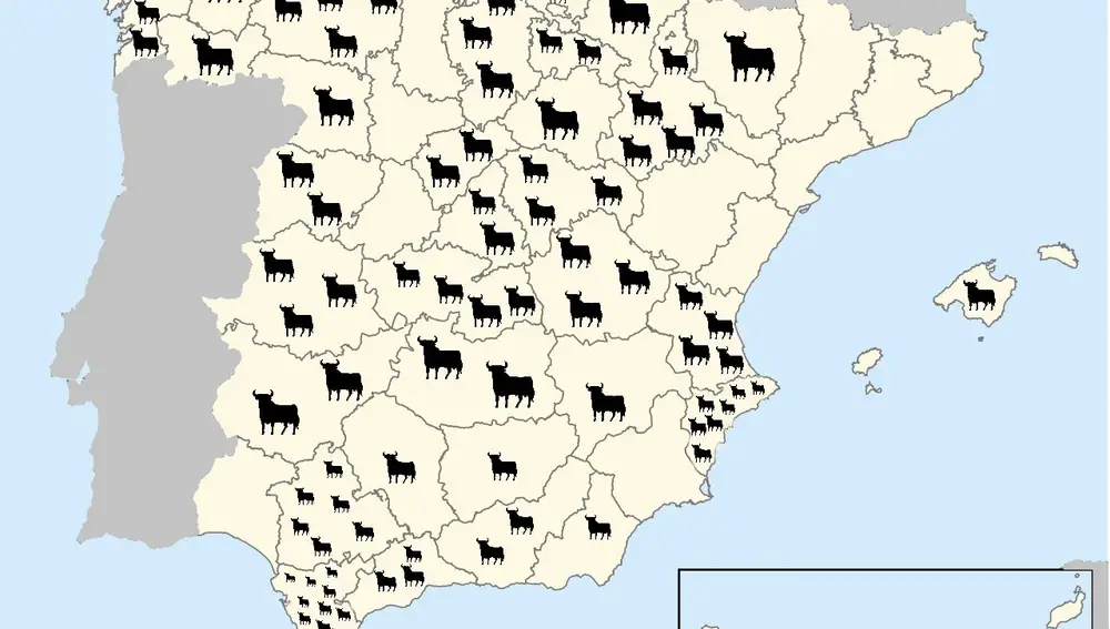 Hay 91 toros de Osborne repartidos por España. La provincia más poblada es Cádiz, con diez ejemplares.