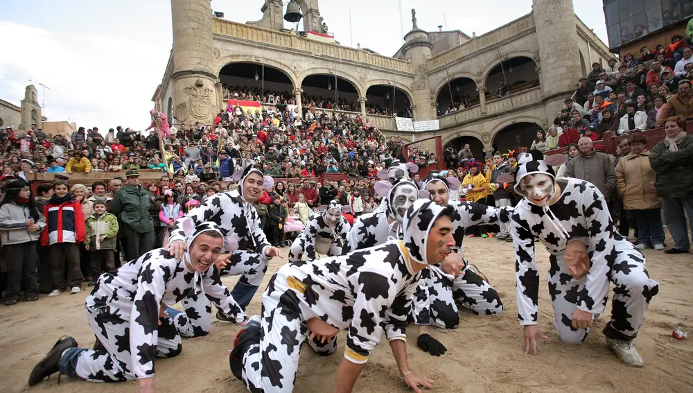 Un grupo de jóvenes disfrazados de vaca disfrutan del &quot;Carnaval del Toro&quot; de Ciudad Rodrigo (Salamanca)