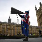 Un activista pro Unión Europea se manifiestan a las puertas del Parlamento en Westminster
