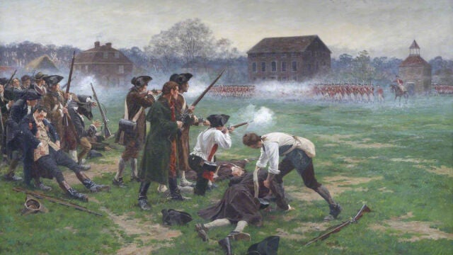 Batalla de Lexington en la guerra de Independencia de Estados Unidos. De España partieron muchas armas para las Trece Colonias