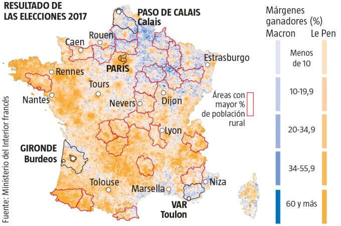 Mapa del resultado electoral en Francia 2017 y áreas con mayor porcentaje de población rural