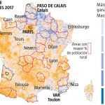 Mapa del resultado electoral en Francia 2017 y áreas con mayor porcentaje de población rural