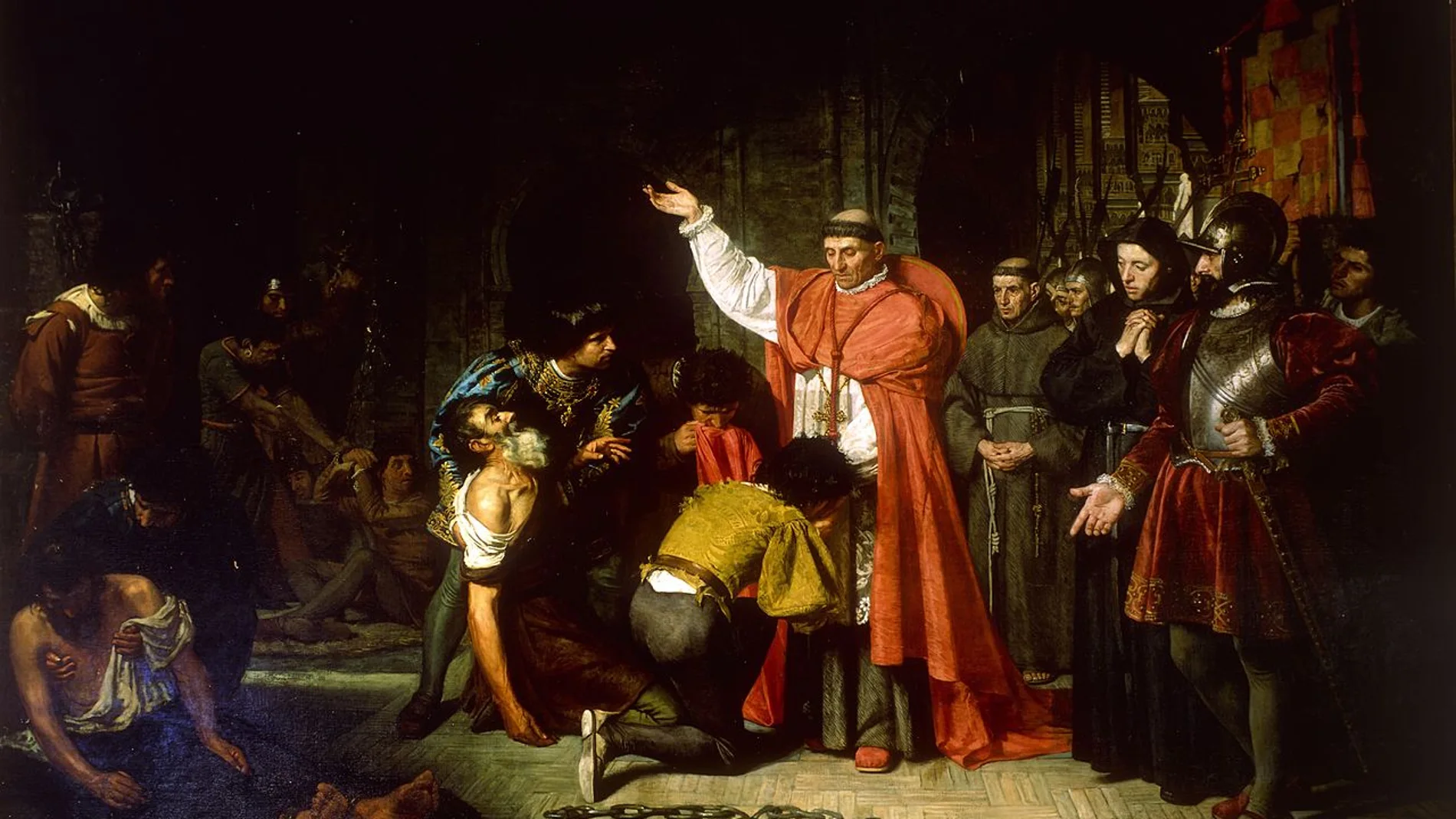 Lienzo del artista español Francisco Jover y Casanova en el que se representa al Cardenal Cisneros liberando a unos prisioneros cristianos tras la conquista de Orán (Argelia)